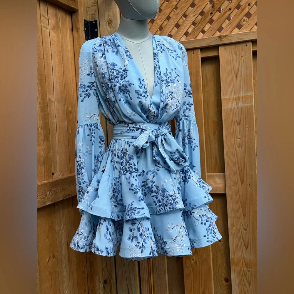 🆕 BRONX & BANCO 🧿 NWOT Bedouin Blue Poppy Tiered Mini Dress - Sz XS US